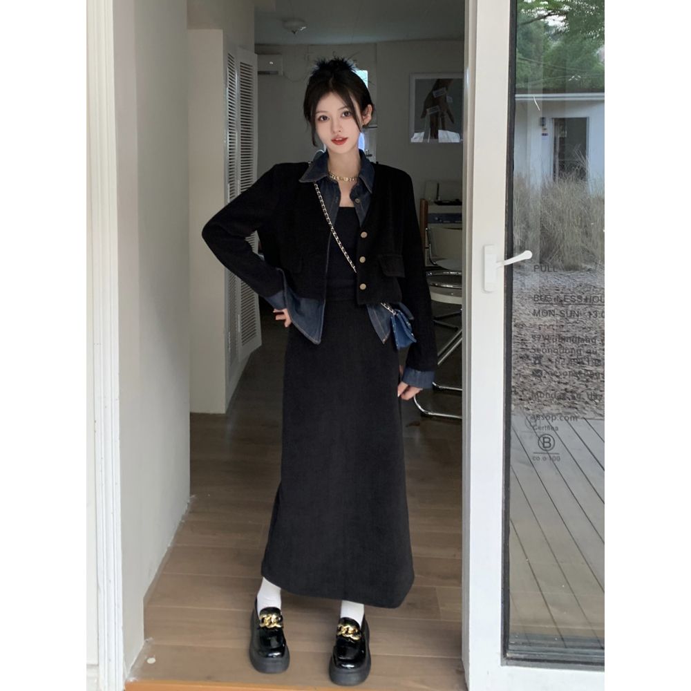 復古牛仔拼接不規則長袖西裝外套開叉半身裙女秋季2023新款兩件套