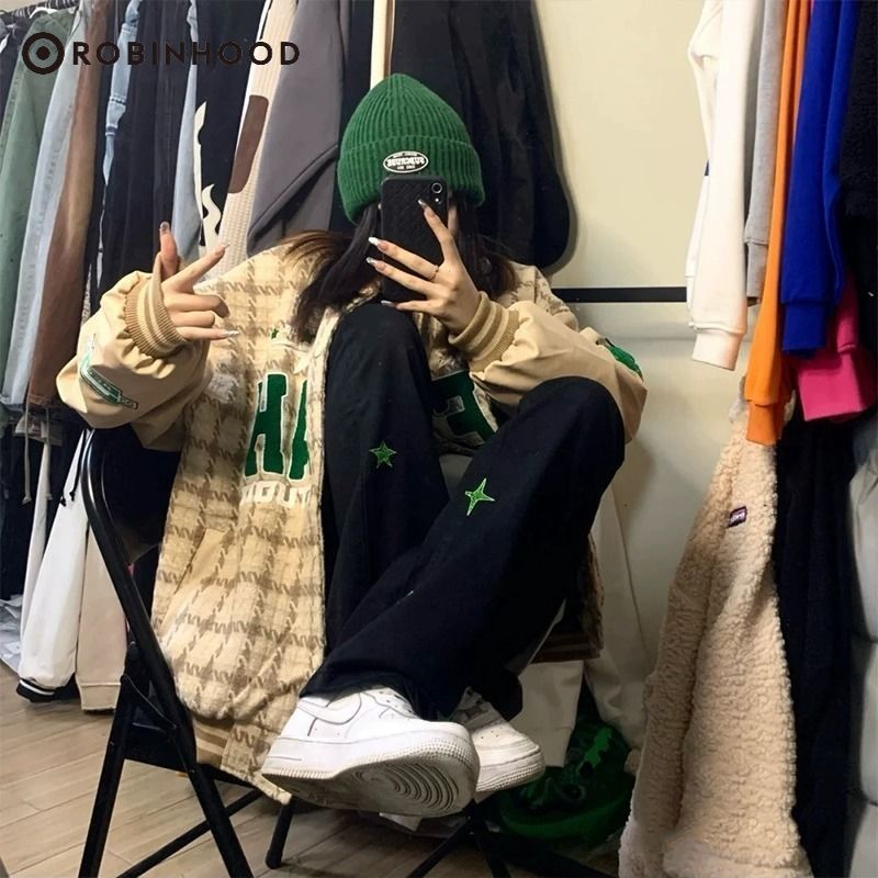 ROBINHOOD High Street Houndstooth Baseball Suit Women's Spring and Autumn Loose Lazy Oversize Jacket