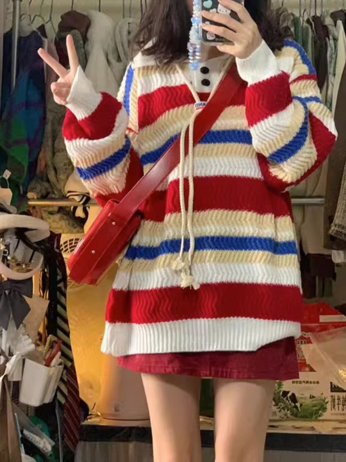 日系復古彩虹條紋polo領oversize高級感毛衣女秋冬季慵懶風針織衫