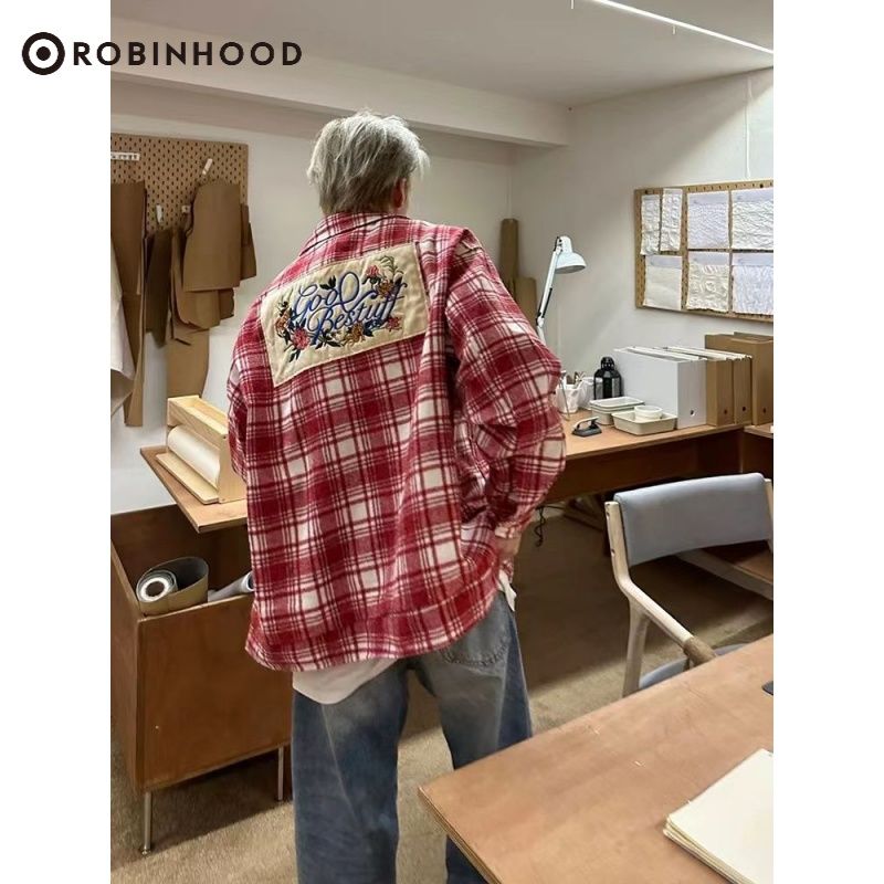ROBINHOOD美式复古酒红色格子夹克男春秋季高级感潮流hiphop外套