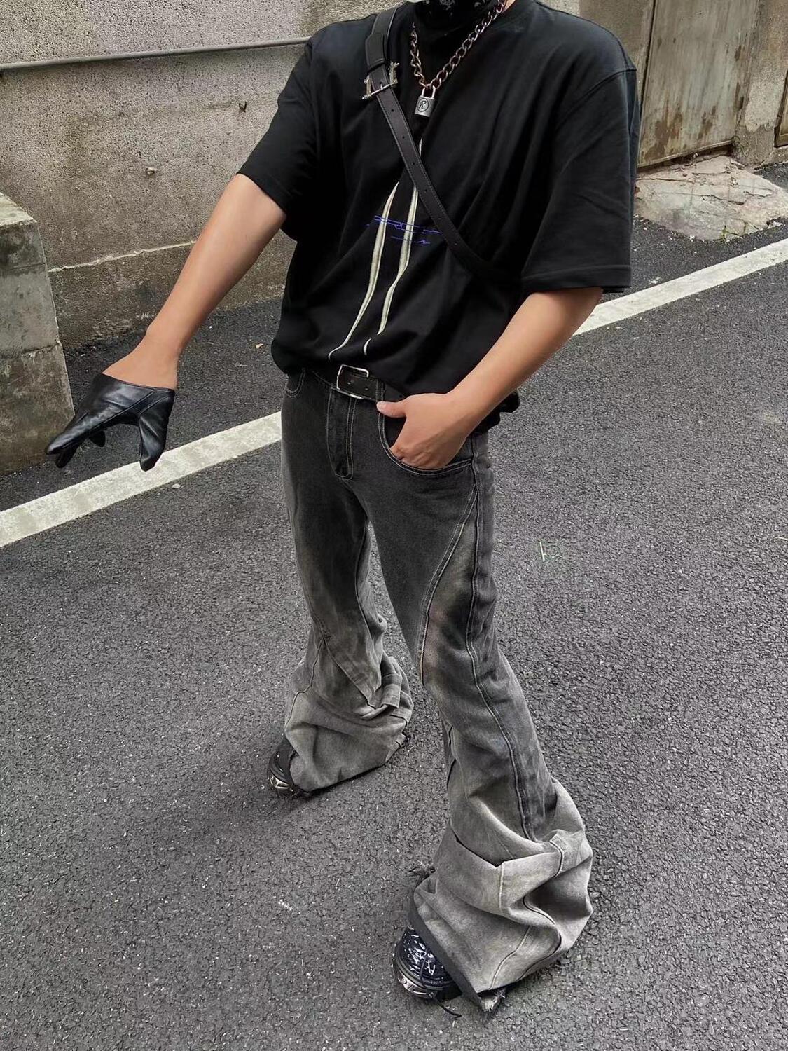 美式高街黑灰漸變水洗毛邊牛仔褲男女中腰設計感毛邊顯腿長喇叭褲