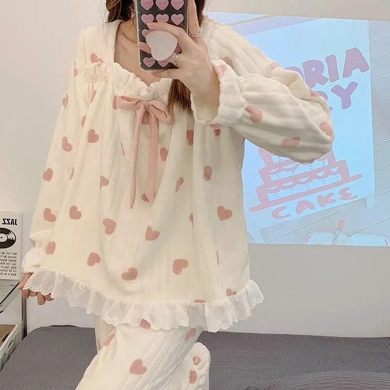 睡衣女秋冬長袖珊瑚絨冬季寬鬆加厚加絨保暖可愛法蘭絨套裝家居服
