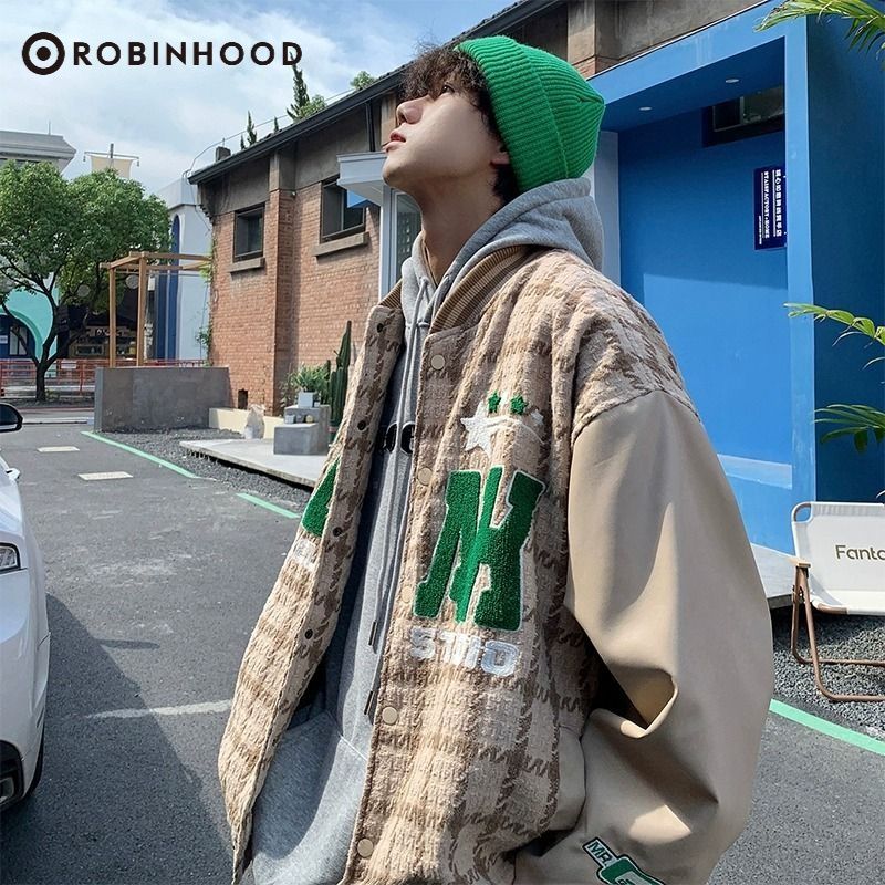 ROBINHOOD棒球服oversize高街美式復古格子外套男刺繡夾克潮流