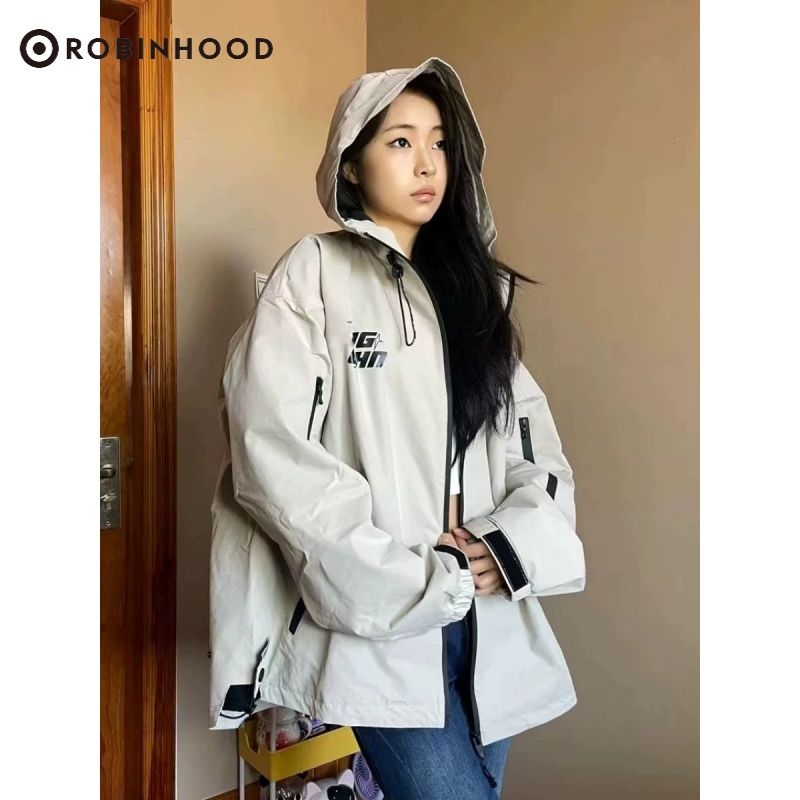 ROBINHOOD美式戶外機能風連帽衝鋒衣夾克男女秋季潮牌寬鬆上衣
