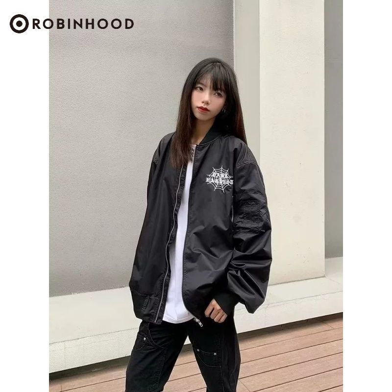 ROBINHOOD美式刺繡蜘蛛飛行夾克棒球服男女款春秋季寬鬆百搭外套
