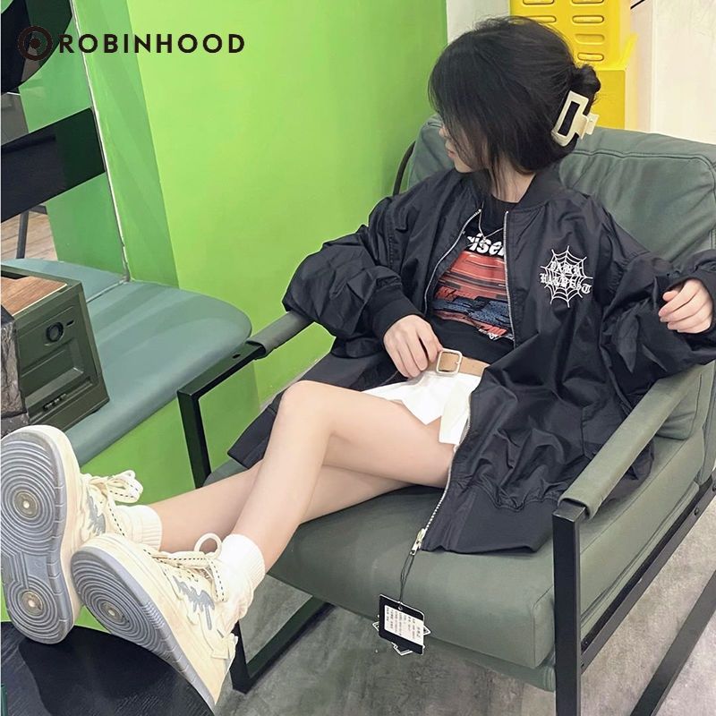 ROBINHOOD春秋季美式刺繡蜘蛛飛行員夾克百搭休閒外套寬鬆拉鏈
