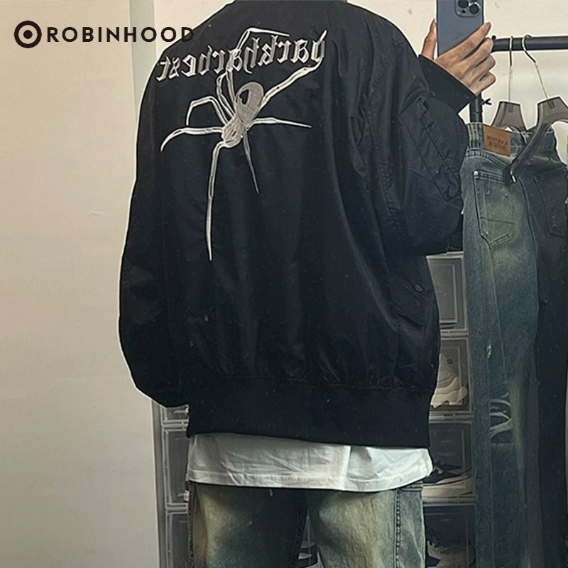 ROBINHOOD潮牌美式復古高街蜘蛛刺繡夾克男秋季嘻哈寬鬆百搭外套