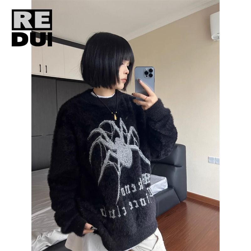 原創美式復古蜘蛛印花圓領毛衣秋冬季寬鬆套頭小香風針織衫ins潮