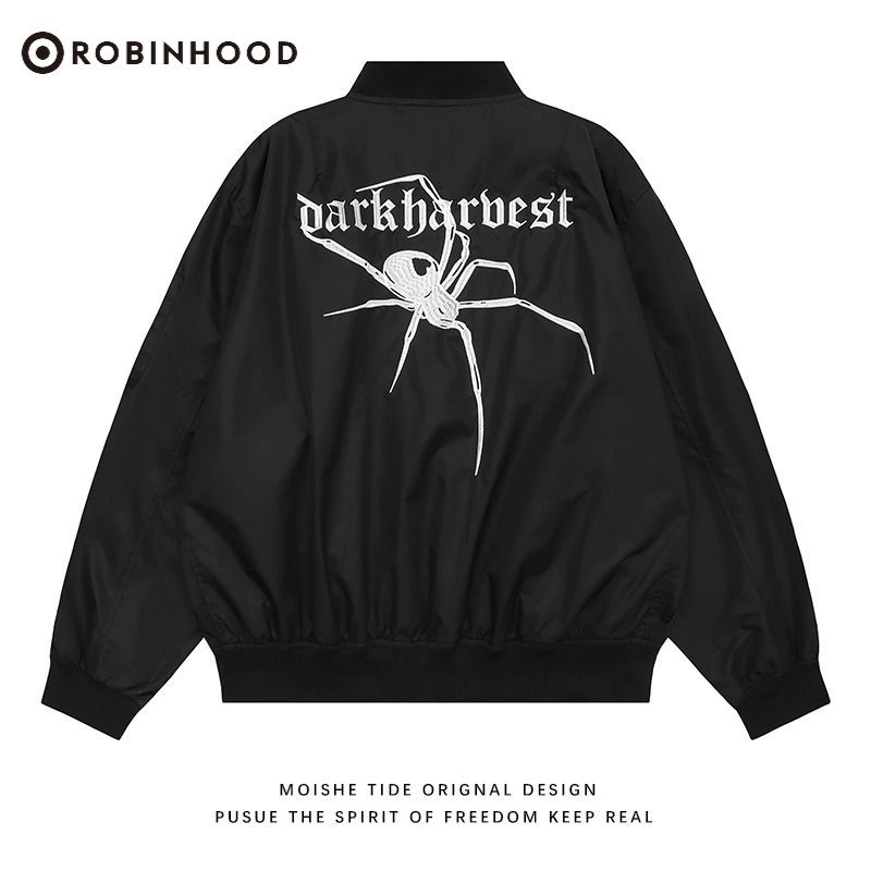 ROBINHOOD國潮牌美式復古刺繡蜘蛛棒球服男女秋寬鬆拉鏈夾克外套