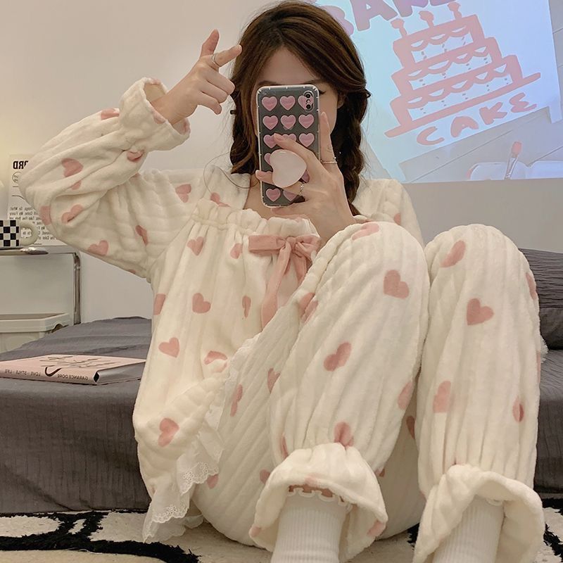 睡衣女秋冬長袖珊瑚絨冬季寬鬆加厚加絨保暖可愛法蘭絨套裝家居服