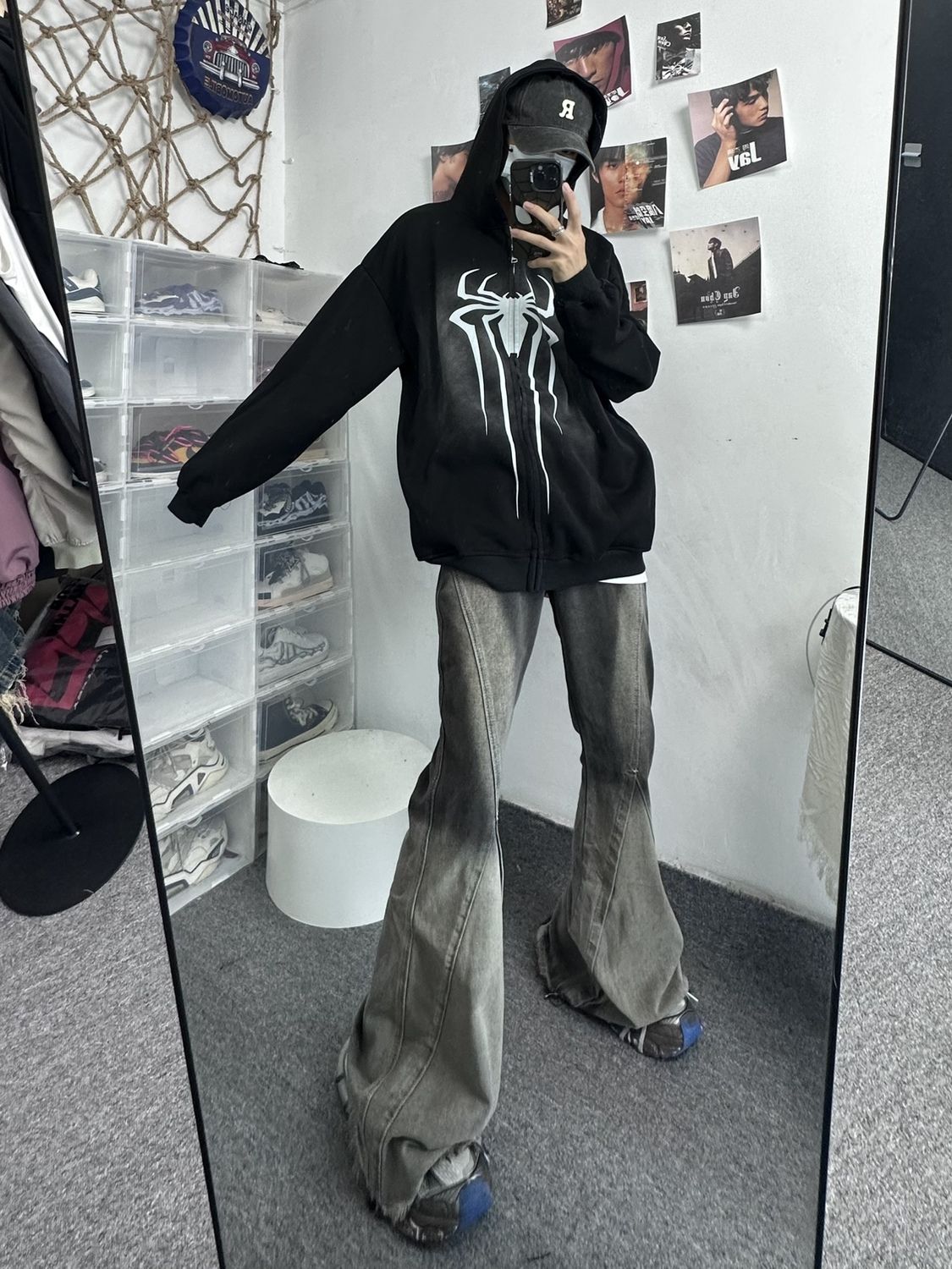微喇叭毛邊拖地牛仔褲男女高腰黑灰漸變水洗牛仔高級感闊腿長褲潮