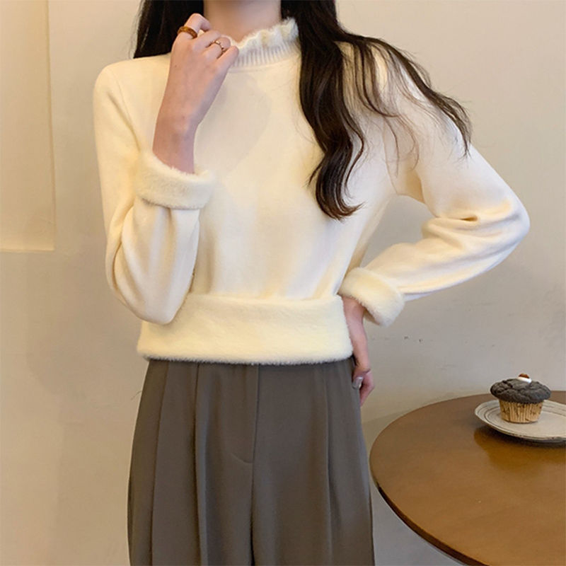 溫柔風一體絨保暖加厚針織衫女秋冬新款木耳邊保暖長袖打底衫毛衣