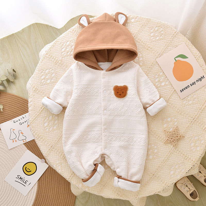 Newborn baby jumpsuit double layer jacket spring and autumn super cute baby outing clothes thickened long-sleeved crawler suit