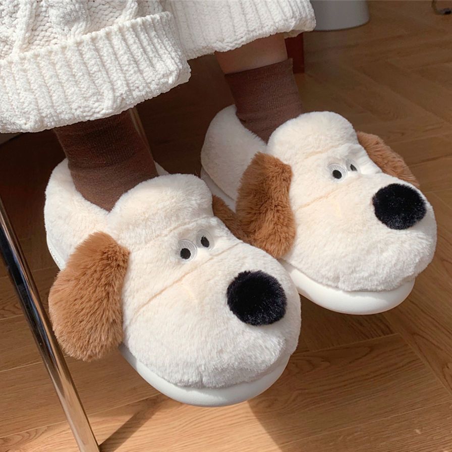 Thin strips of fun and cute leader dog plus velvet warm cotton slippers for men and women winter non-slip parent-child plush home shoes