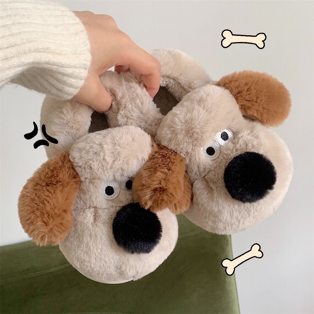 Thin strips of fun and cute leader dog plus velvet warm cotton slippers for men and women winter non-slip parent-child plush home shoes
