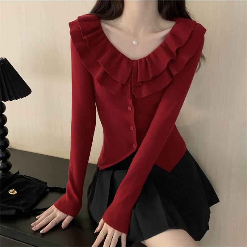 French ruffle chic sweater autumn new design for women slimming cardigan jacket short top