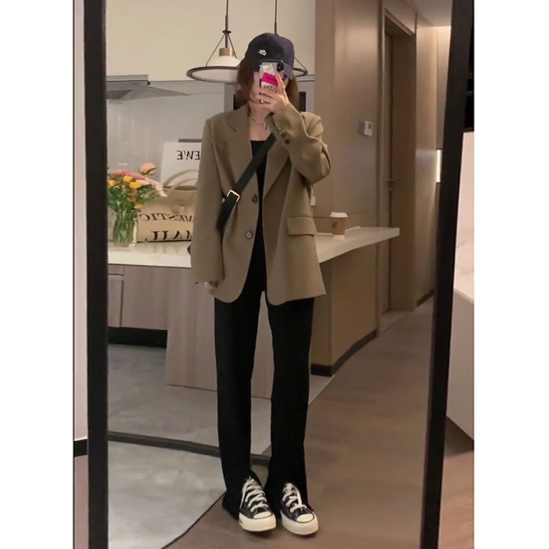 Brown small suit jacket for women 2023 early spring and autumn new high-end design niche temperament casual suit top