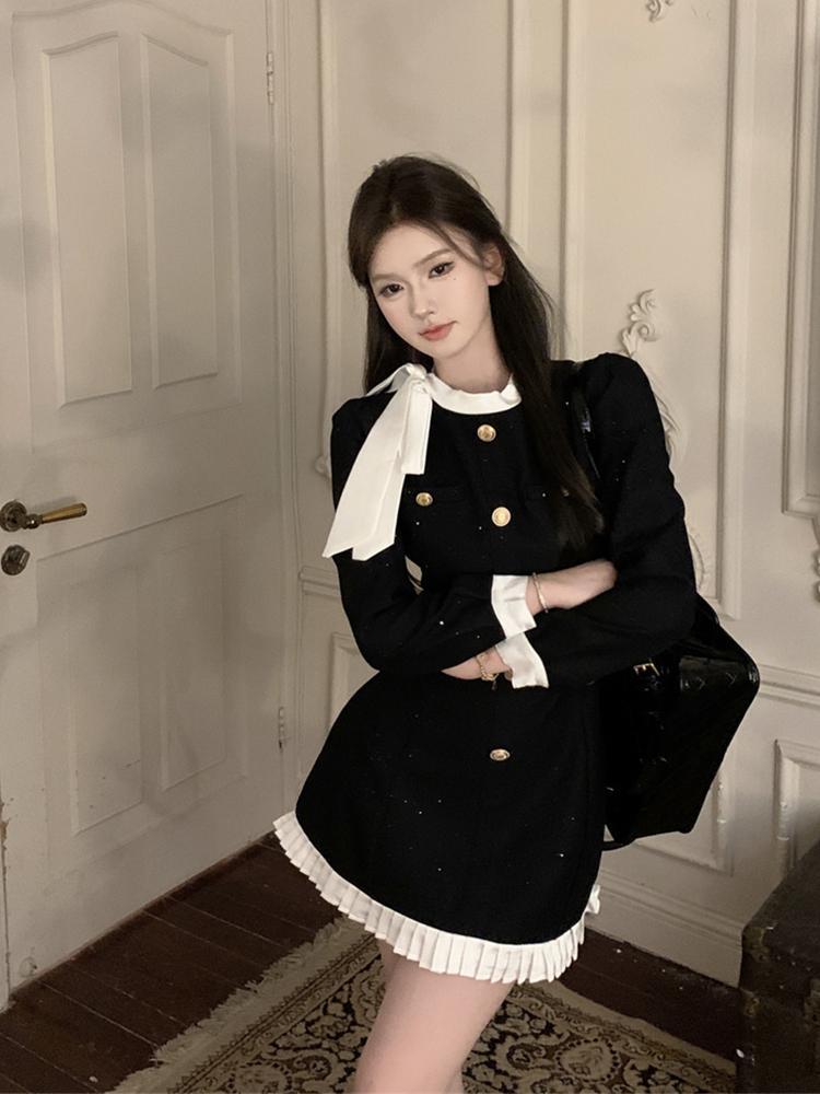 【品牌LALADUDU】胖mm法式小香風長袖連衣裙女裝秋季收腰遮肉短裙