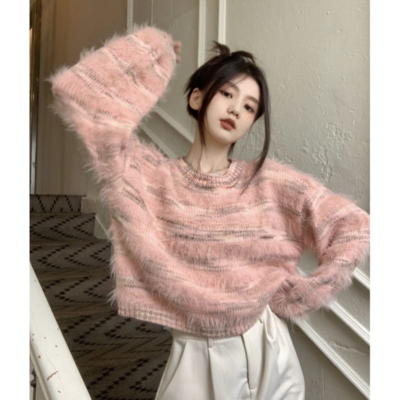 粉色短款軟糯套頭毛衣女秋冬設計感寬鬆慵懶加厚甜美外穿針織衫