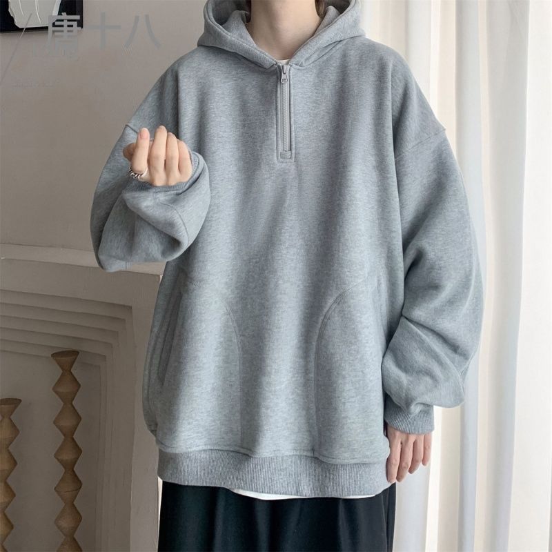 藏青色半拉鏈衛衣男春秋加絨潮流寬鬆重磅外套ins潮牌連帽上衣服