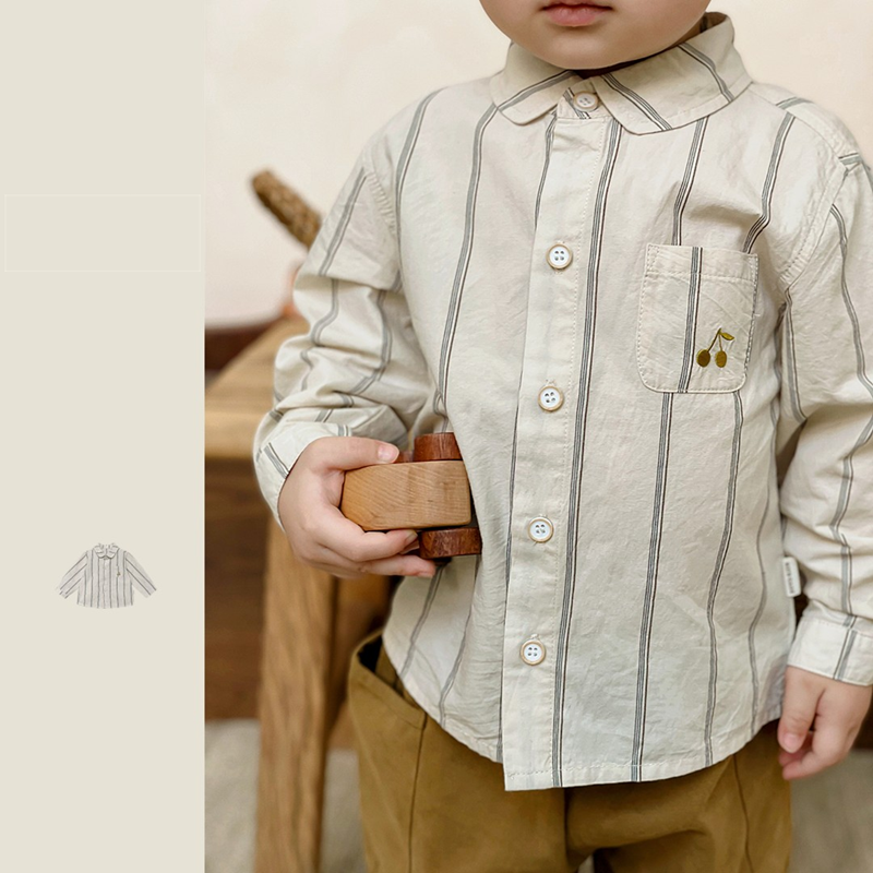 Forest style retro style trendy pure cotton Korean children's clothing spring and summer new vertical striped shirts for men and women baby fashionable style