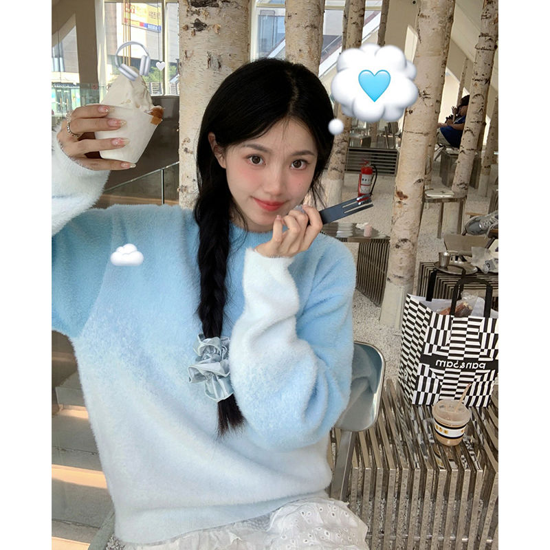 藍色漸變軟糯仿貂毛毛衣女秋冬新款慵懶風寬鬆日系復古針織衫