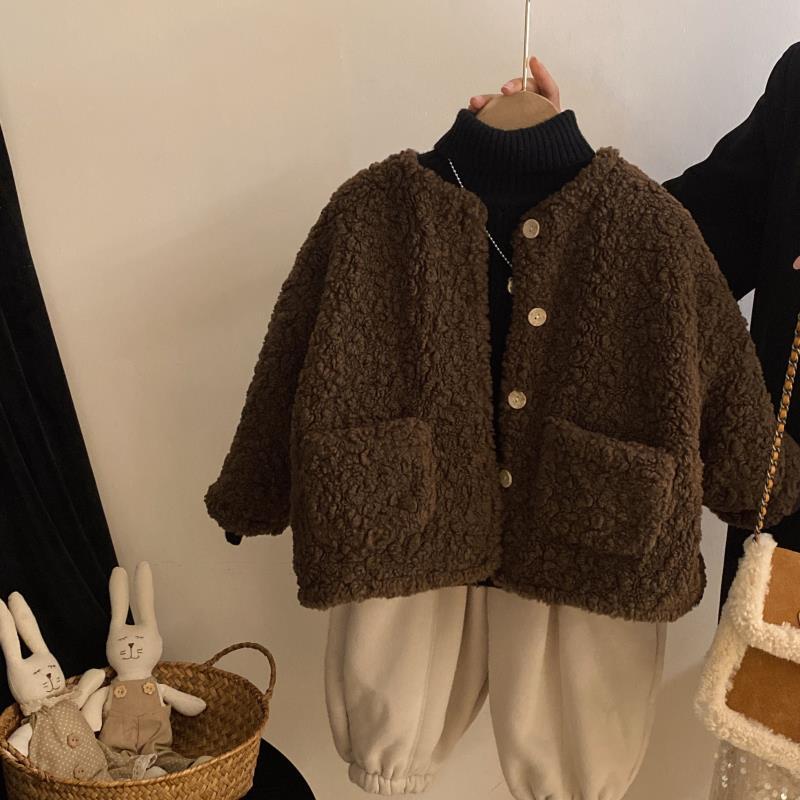2023韩国童装男女童秋冬新品洋气无领加厚上衣儿童羊羔毛绒外套潮