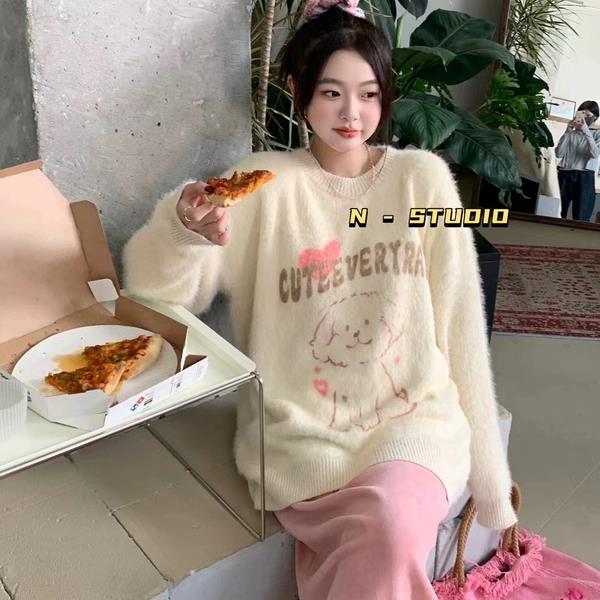 韓系學院風奶fufu小狗仿貂毛毛衣女復古寬鬆慵懶風軟糯針織衫上衣