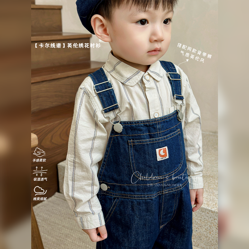 Forest style retro style trendy pure cotton Korean children's clothing spring and summer new vertical striped shirts for men and women baby fashionable style