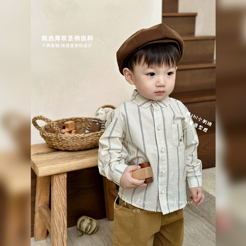 Forest style retro style trendy pure cotton Korean children's clothing spring and summer new vertical striped shirts for men and women baby fashionable style