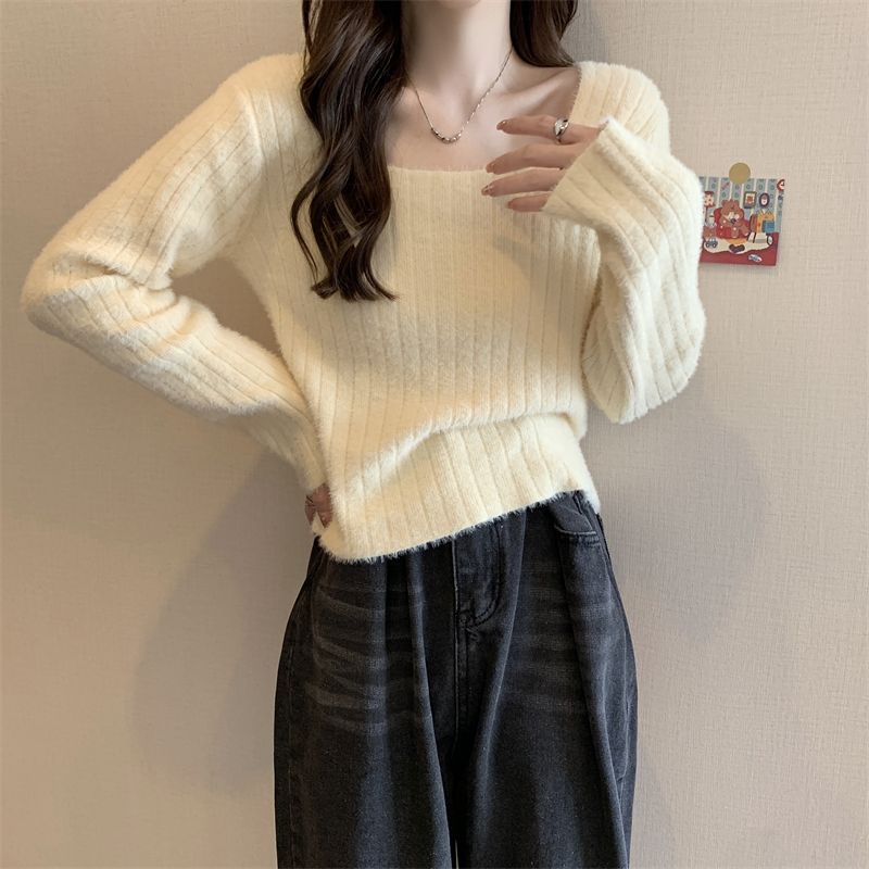 毛絨絨方領坑條杏色毛衣女2023新款秋冬季內搭打底針織衫長袖上衣