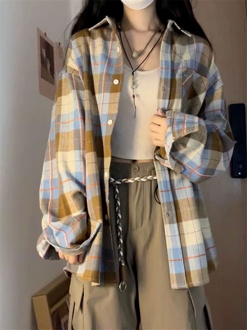 Plaid shirt women's autumn and winter 2023 new thin coat long-sleeved Japanese retro shirt loose design top