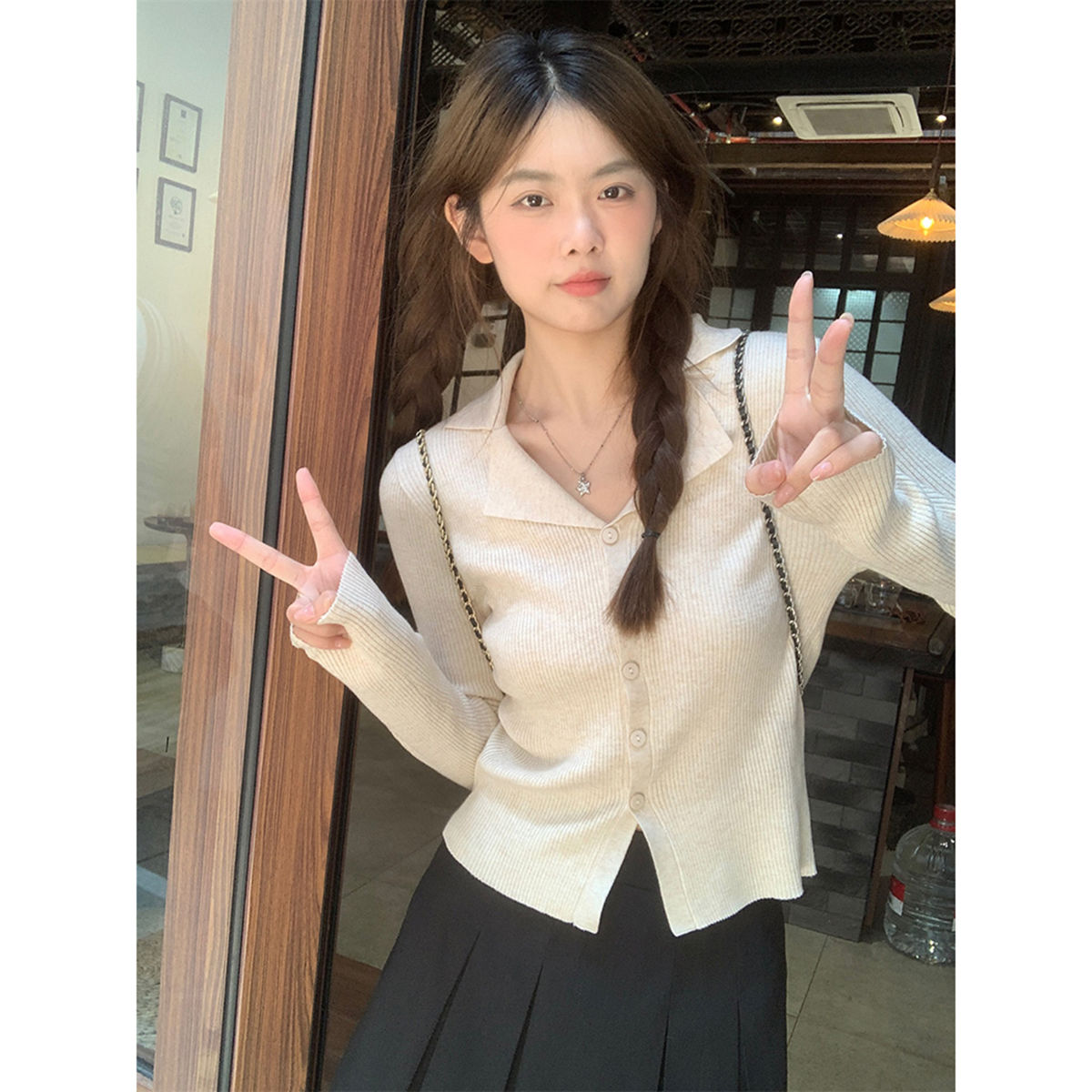 polo領長袖針織衫女裝秋季2023新款復古條紋撞色修身顯瘦短款上衣