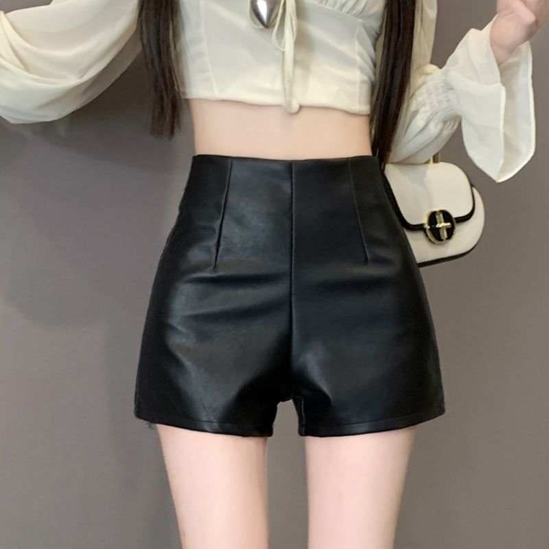 休閒pu皮短褲女秋冬新款外穿小個子高腰彈力顯瘦百搭a字辣妹靴褲