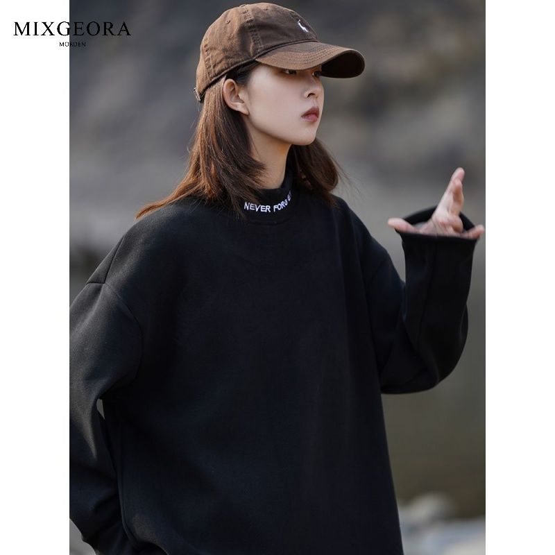 MIX GEORA Half turtleneck letter embroidery American trendy couple sweatshirt ins brushed comfortable simple round neck top