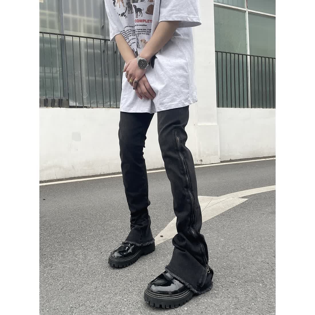 美式高街復古水洗做舊拉鏈修飾毛邊牛仔褲子高街vibe喇叭褲長褲潮