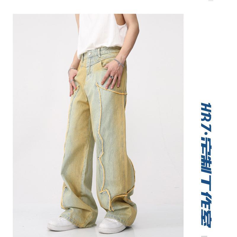 HBZ high street hip-hop retro loose washed old popular loose denim wide leg floor mopping trousers men and women trendy