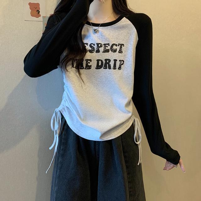 2023秋裝新款胖mm大碼女字母印花側抽繩打底衫圓領長袖T恤上衣