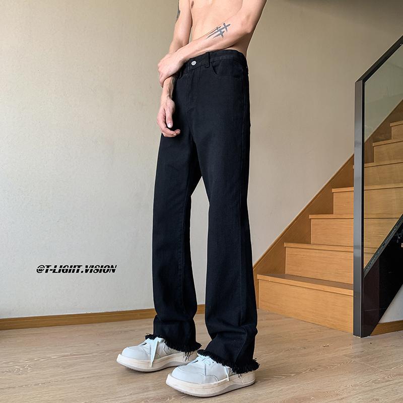 European and American hiphop pants design pure black raw edge jeans American high street vibe slim fit bootcut pants trendy