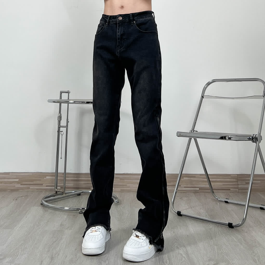 美式修身微喇毛邊牛仔褲男女高街顯瘦百搭側邊拉鏈cleanfit褲子潮