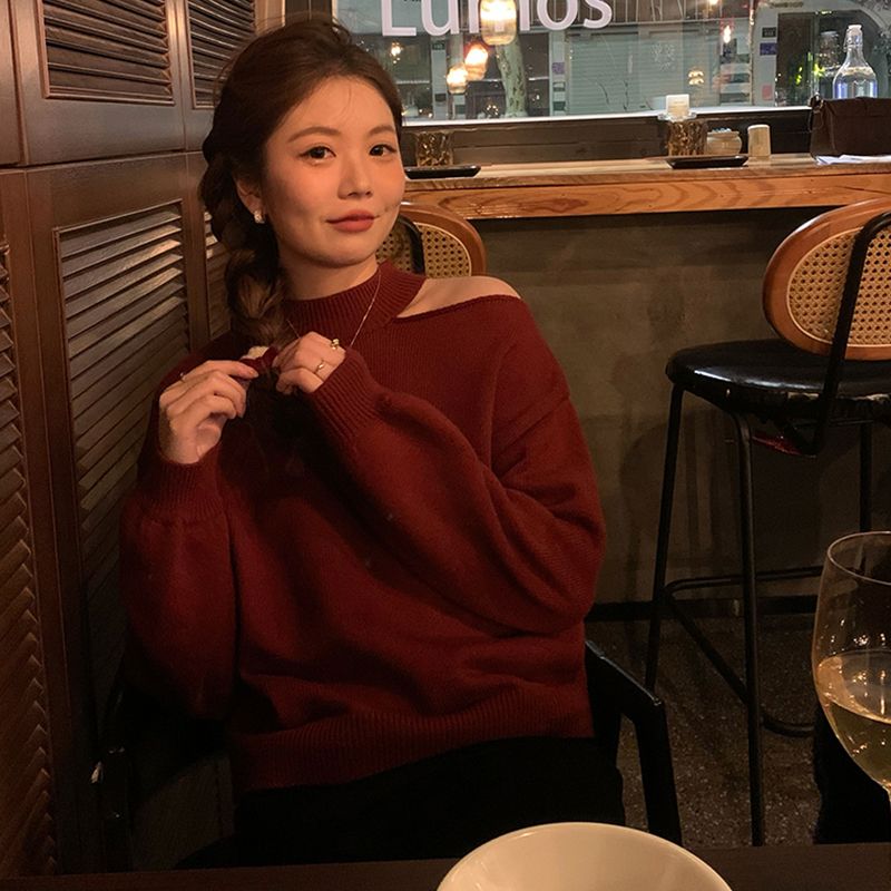 小心機露肩針織上衣女2023秋裝新款純欲毛衣設計感小眾內搭打底衫