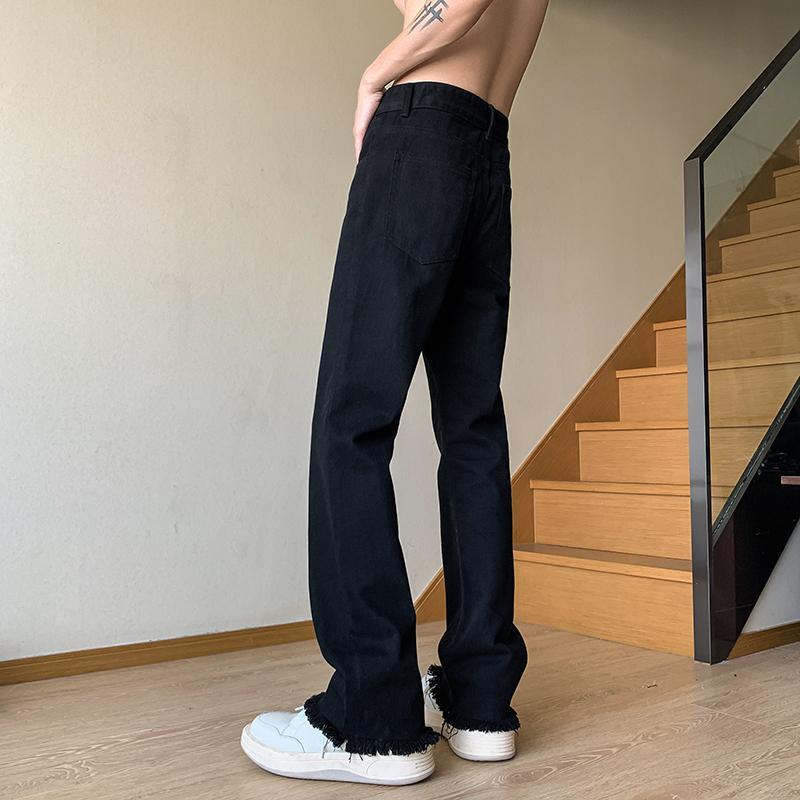European and American hiphop pants design pure black raw edge jeans American high street vibe slim fit bootcut pants trendy