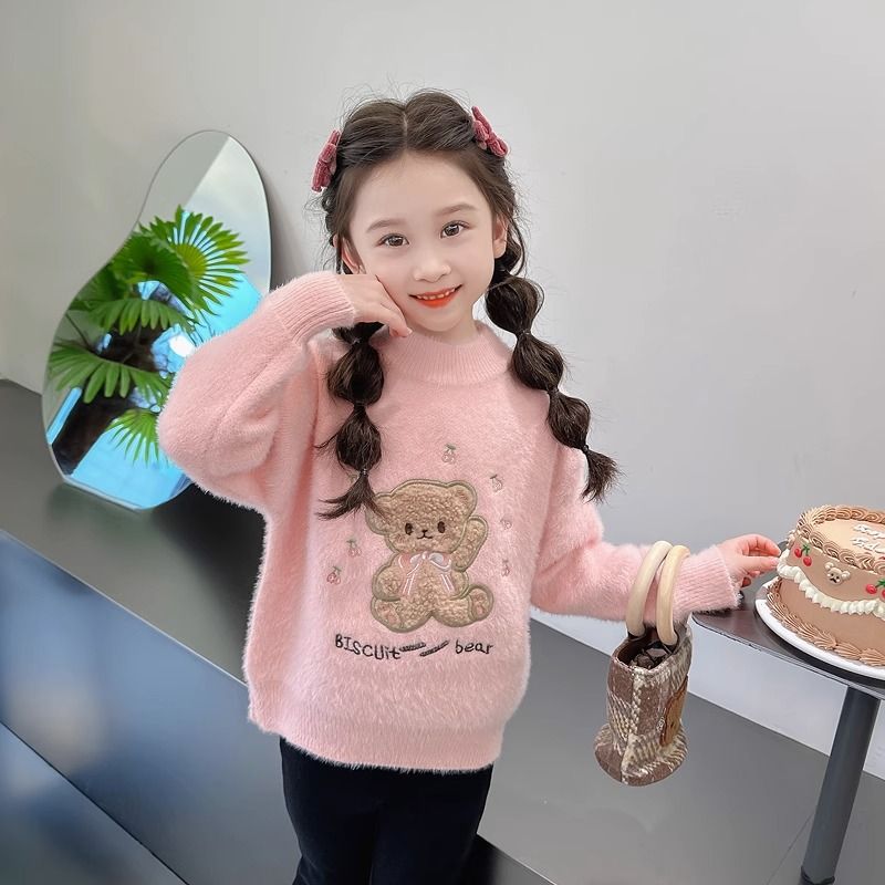 女童毛衣水貂絨秋冬季加絨2023新款洋氣兒童卡通打底針織衫中小童