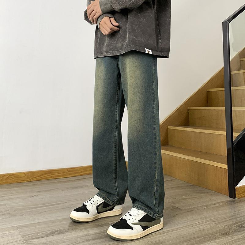 Washed jeans men's autumn retro washed distressed slim trousers American fashion brand loose youth pants