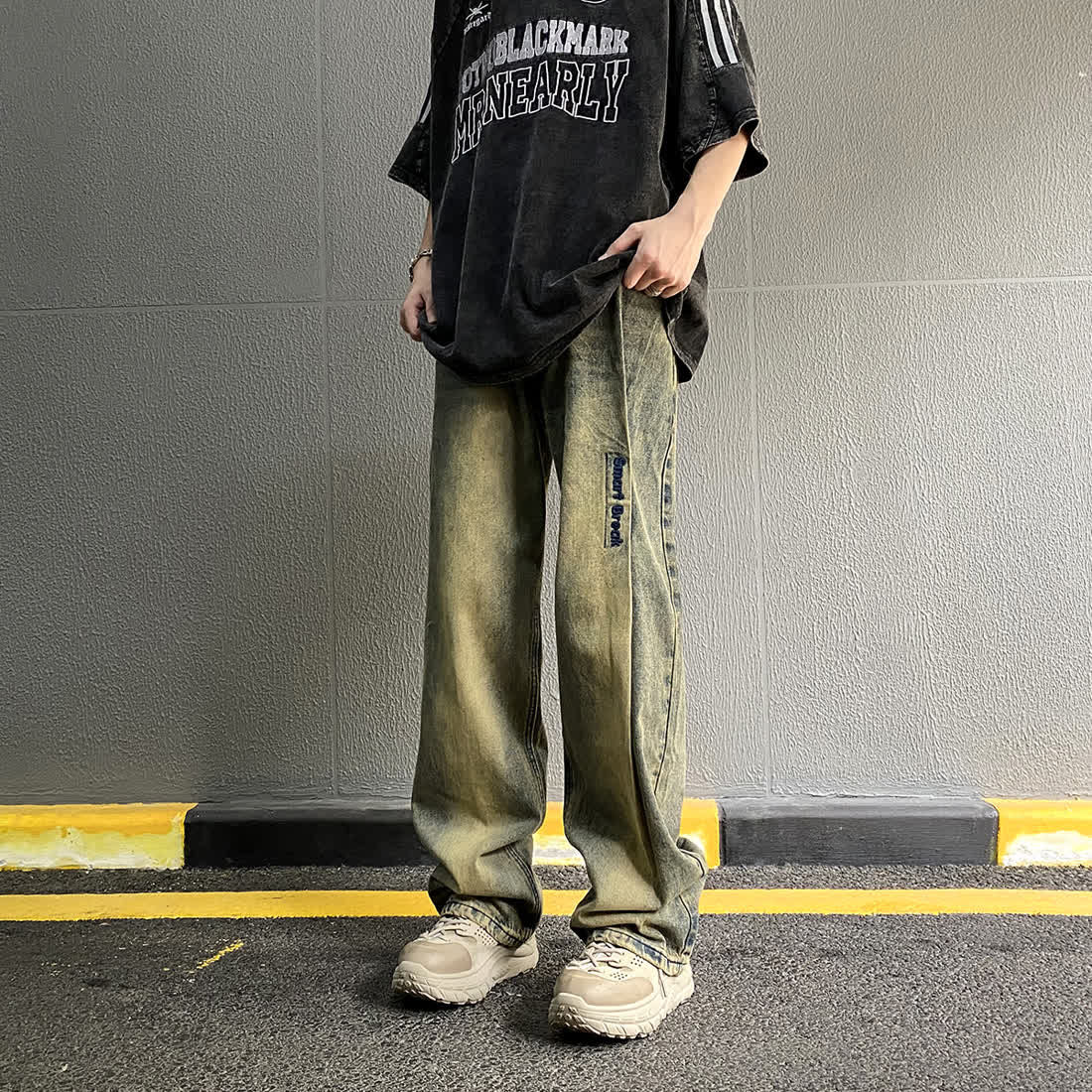 美式vibe重工拼接設計感刺繡黃泥藍做舊牛仔褲男女寬鬆直筒長褲子