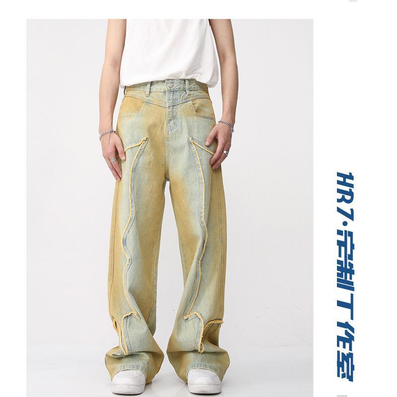 HBZ high street hip-hop retro loose washed old popular loose denim wide leg floor mopping trousers men and women trendy