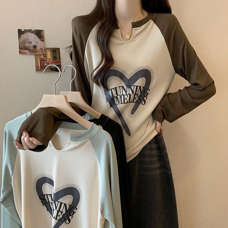 大碼女裝打底衫2023秋季新款撞色拼接V領設計感百搭小眾長袖上衣