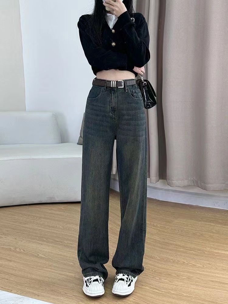藍灰闊腿牛仔褲女2023年秋冬新款高腰寬鬆顯瘦小個子垂感直筒褲子