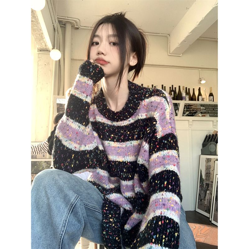 韓版彩點撞色條紋毛衣女秋冬高級感圓領套頭上衣寬鬆慵懶風針織衫