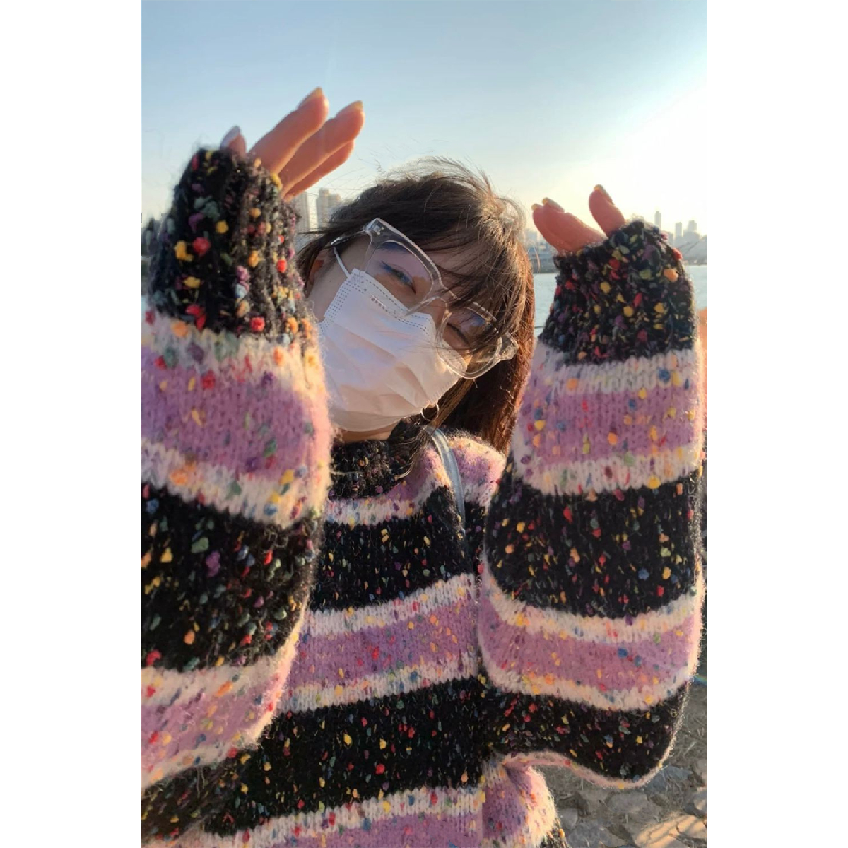 設計感慵懶風彩點撞色條紋毛衣女秋冬新款寬鬆長袖針織衫上衣潮